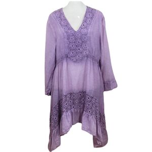 Saga Dress Purple Silk Blend Embroidered Eyelet Flowy Asymmetrical Hem V-neck